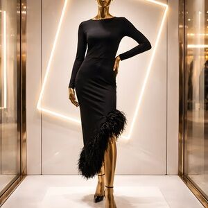 Elegant Black Feather-Hem Midi Dress